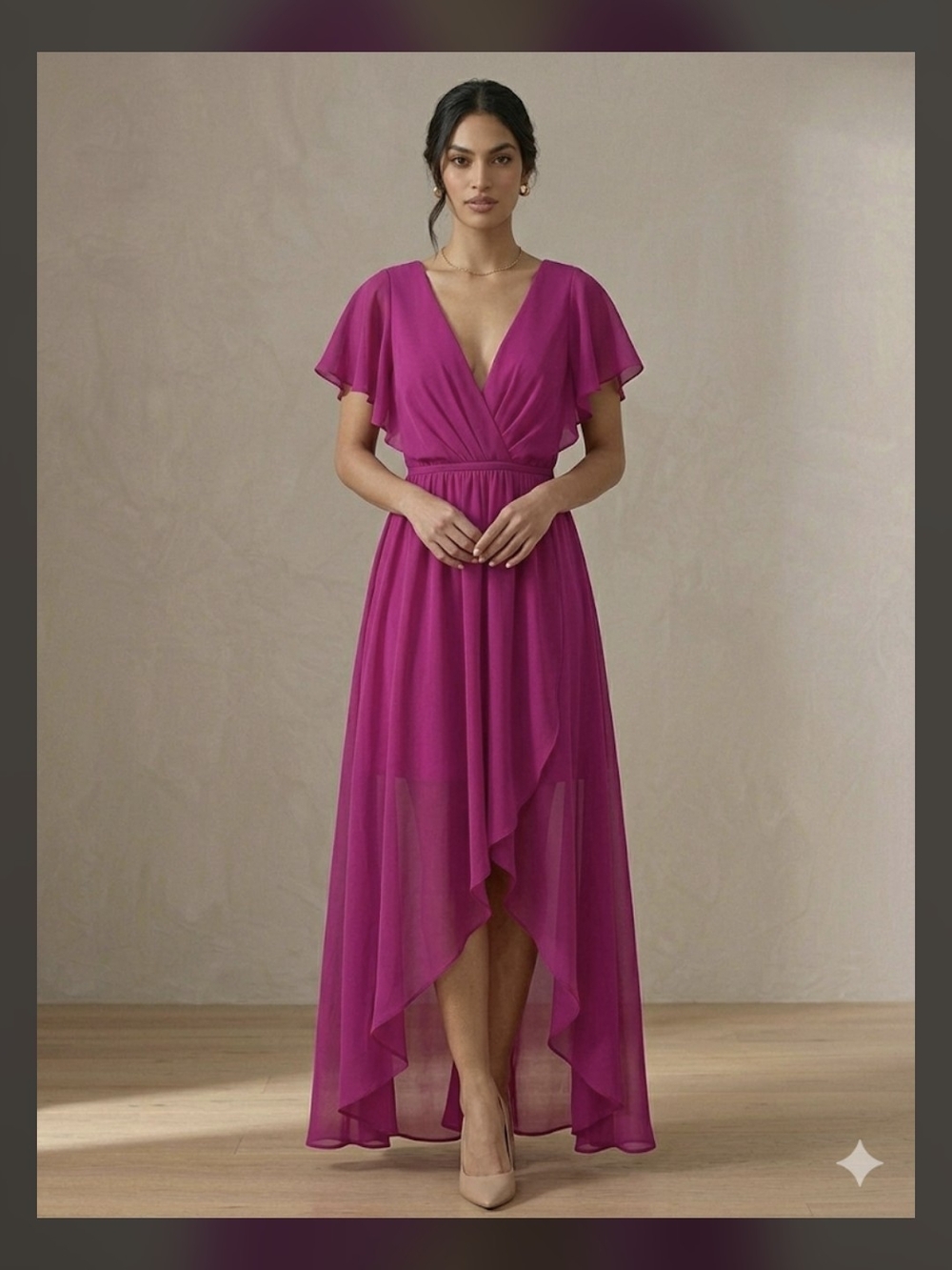 Romeo & Juliet Couture Fuchsia Flutter-Sleeve High-Low Dress